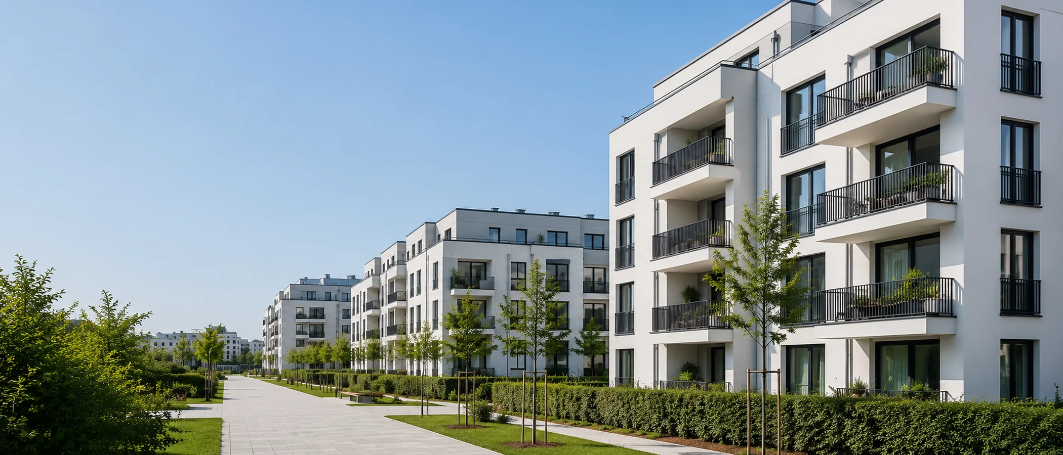 Moderne Wohnanlage mit hellen Mehrfamilienhäusern, Balkonen und gepflegten Grünflächen